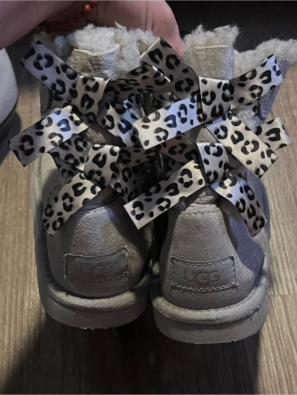 UGG Kids Silver-Grey Sheepskin Boots with Leopard Ribbon Laces